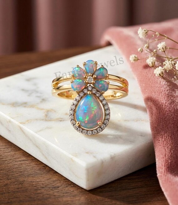 Natural Ethiopian Opal Floral Ring, Pear Opal Halo Ring, 14K Gold Flower Statement Ring, October Birthstone Unique Engagement Ring for Her.