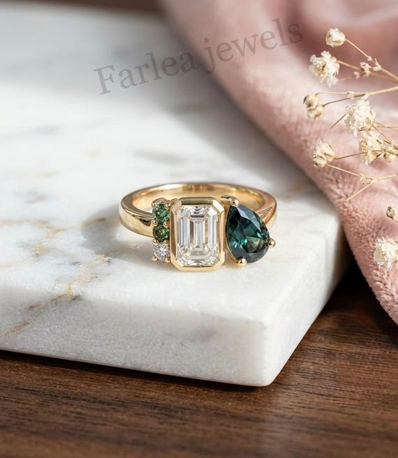 Emerald Cut Moissanite & Pear Green Moissanite Cluster Ring, Toi et Moi Engagement Band