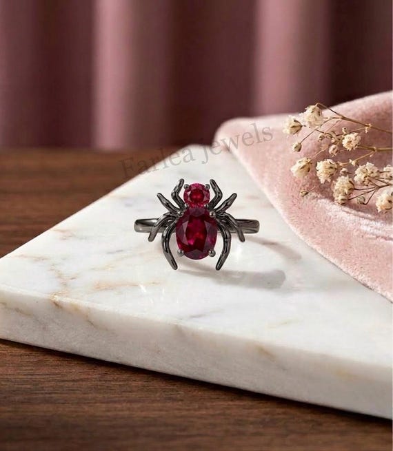 Gothic Spider Ring, Natural Red Ruby Black Rhodium Ring, Vintage Bug Animal Ring, Dark Witchy Jewelry, Unique Halloween Gift For Her.