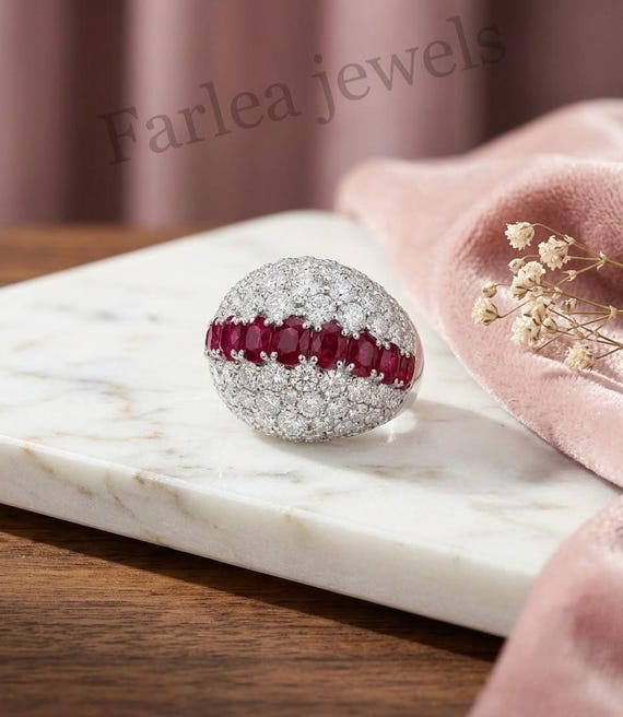 Ruby Moissanite Dome Cocktail Ring, Red Gemstone Statement Jewelry