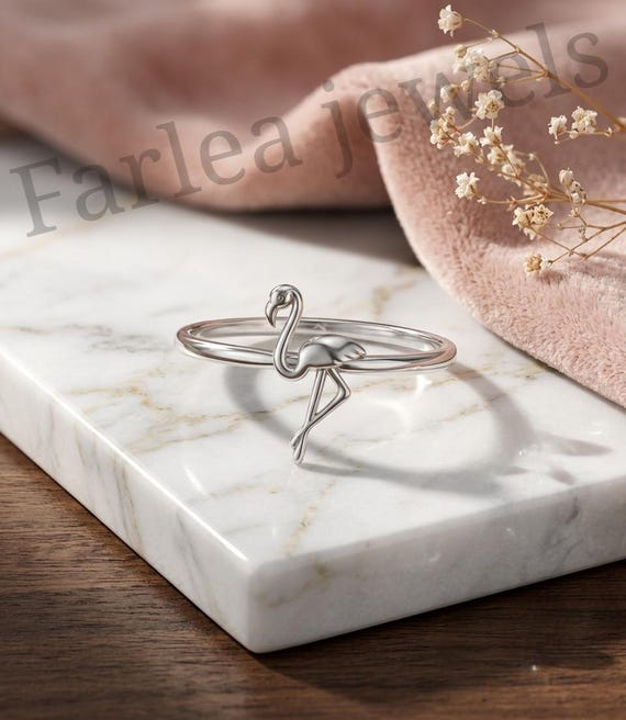 Sterling Silver Flamingo Ring, Minimalist Bird Jewelry, Dainty Stacking Band