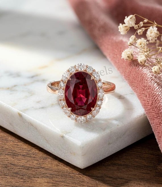 Vintage Oval Red Ruby Halo Ring, Rose Gold Filigree Art Deco Engagement Ring, Victorian Cocktail Ring, Statement Ring for Rich Women.