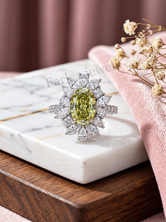 Canary Green Peridot Oval Cut Ring, Marquise Diamond Halo Engagement Ring, Vintage Statement Cocktail Ring, 925 Sterling Silver Ring For Her