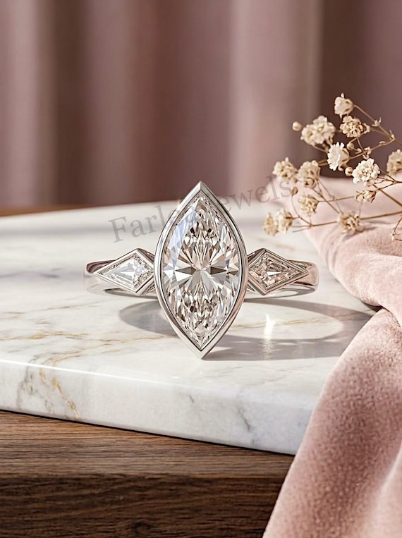 Marquise Cut Moissanite Engagement Ring, Bezel Set Three Stone Wedding Ring, Kite Side Stones Unique Promise Ring 14K Solid Gold Silver Ring