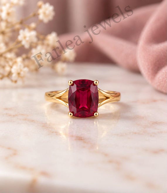 9x7mm Cushion Cut Ruby Ring, Gold Tone Split Shank Statement Ring