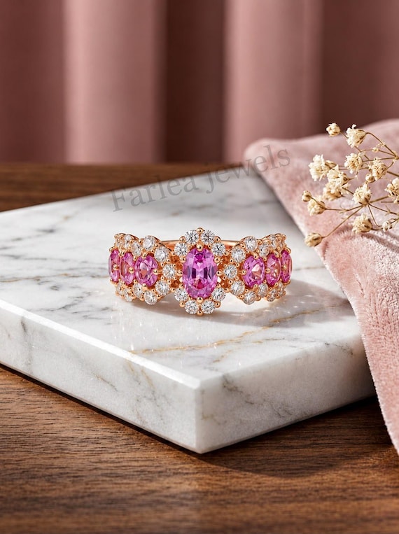 Pink Sapphire Engagement Ring, Rose Gold Floral Cluster Ring, Art Deco Halo Wedding Band, Oval Pink Gemstone Statement Ring, Gift for Her