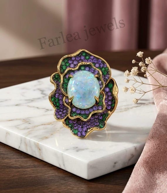 Sterling Silver Opal Floral Cocktail Ring, Pave Amethyst Green Gemstone, Victorian Revival Statement Jewelry