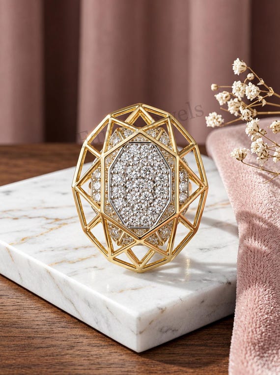 14K Gold Pave Moissanite Geometric Ring, 3D Lattice Architectural Cocktail Ring, Bold Oval Cluster Ring, Unique Designer Statement Jewelry.