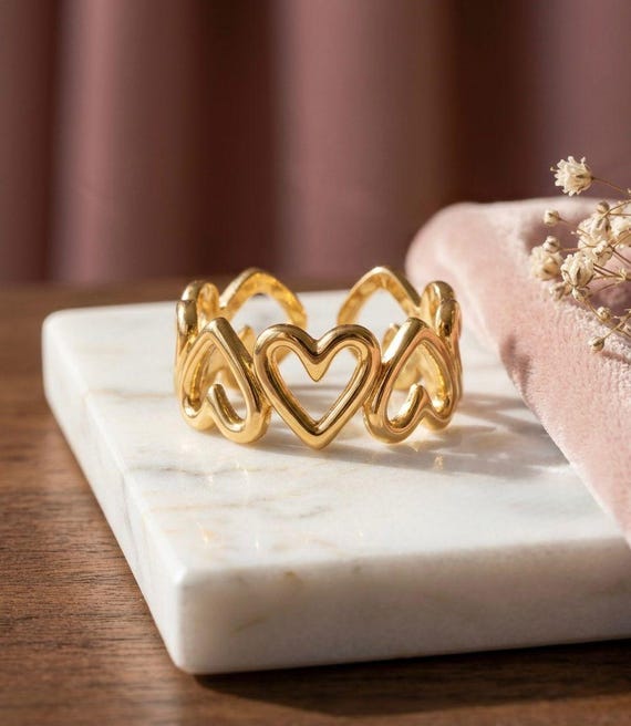 Gold Heart Wave Ring, Romantic Openwork Band, Modern Statement Jewelry