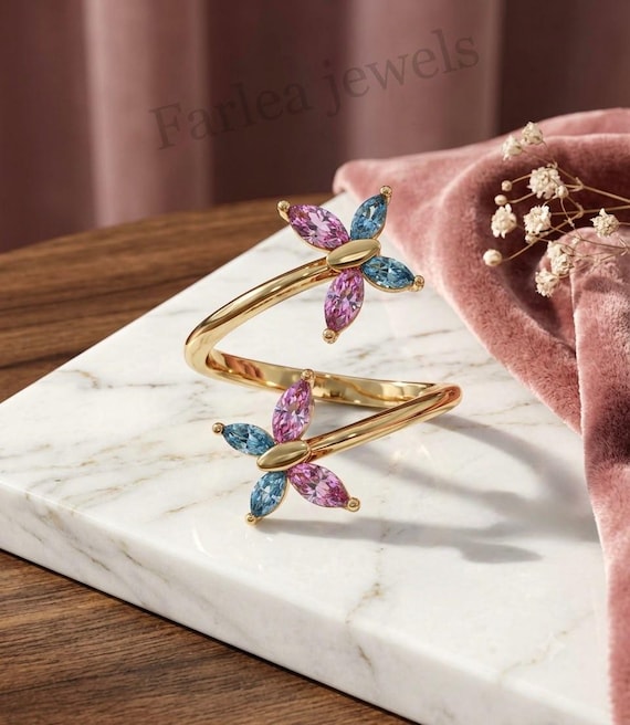 Handmade Butterfly Bypass Ring, Marquise Pink & Blue Gemstones, Adjustable Gold Cuff