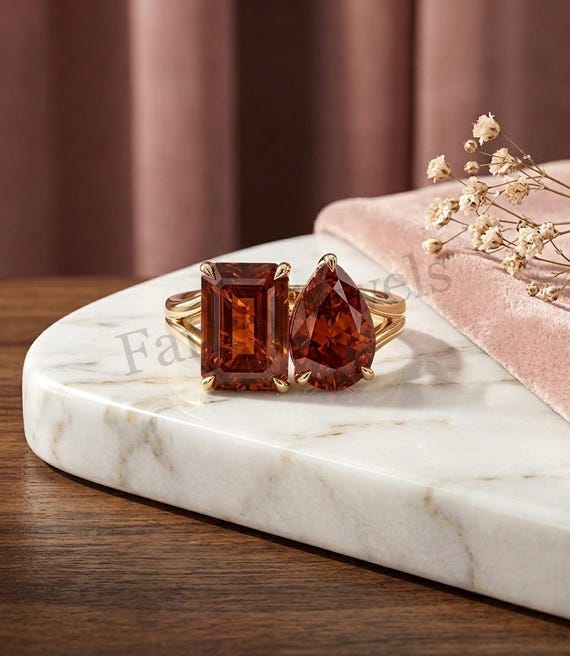 Toi Et Moi Hessonite Garnet Ring, Emerald & Pear Cut, 14K Gold Bypass Engagement Ring