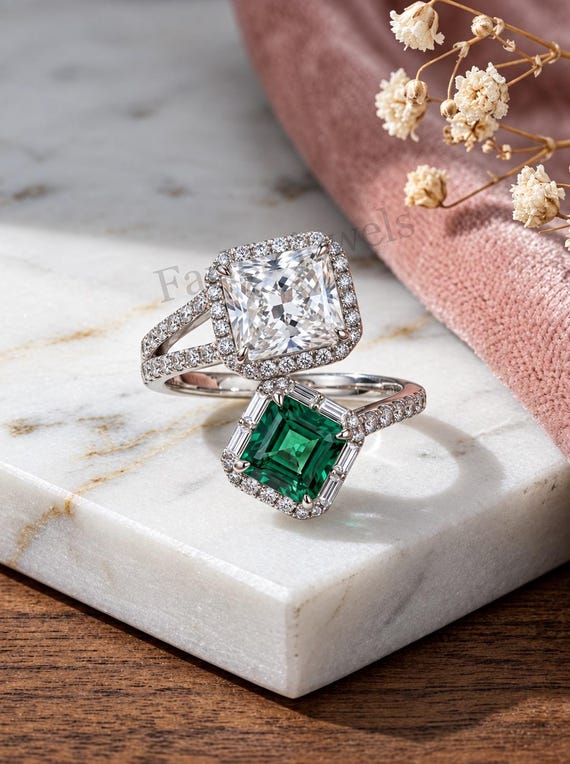 Toi et Moi Emerald Engagement Ring, Double Stone Diamond Ring, Two Stone Halo Ring, Green Emerald Cut Ring, Unique Anniversary Gift For Her.