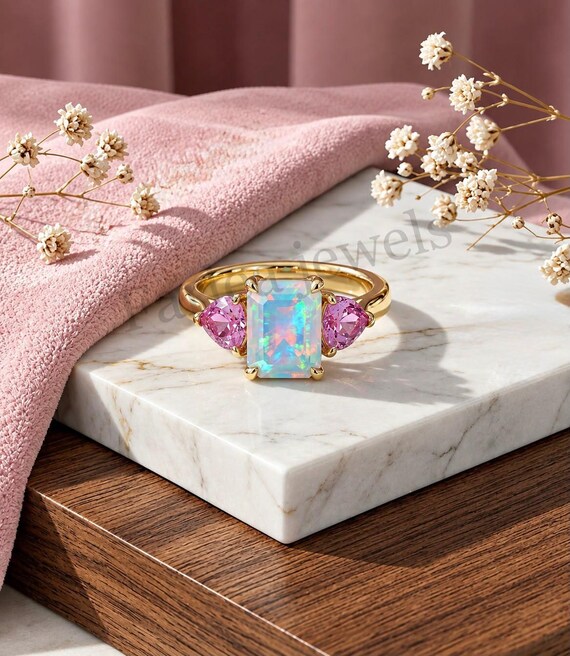 Natural Opal Tourmaline Ring, Octagon Faceted Gemstone, Pear Cut Statement Jewelry