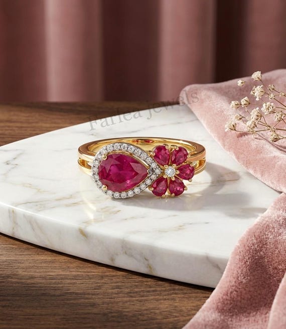 Pear Cut Ruby Floral Ring, 14K Gold Halo Diamond Statement Ring, Handmade Cocktail Ring for Women, Unique And Luxury Gift for Her.