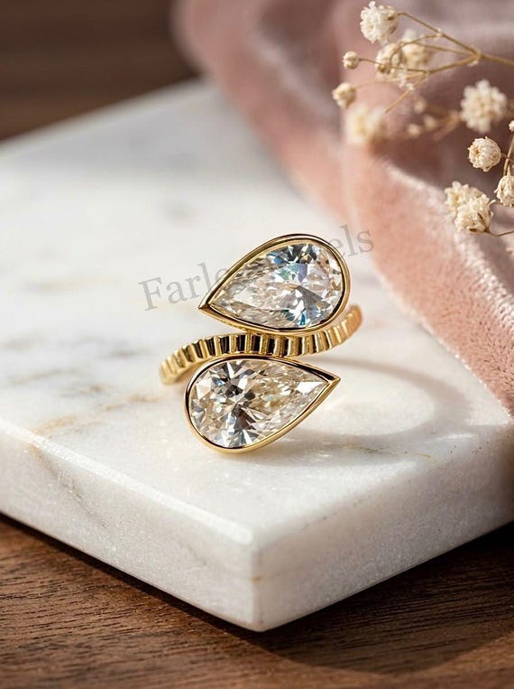 Two Stone Pear Cut Moissanite Bypass Ring, Bezel Set Toi Et Moi Ring, Unique Fluted Band Engagement Ring, 14K Gold Anniversary Gift For Her