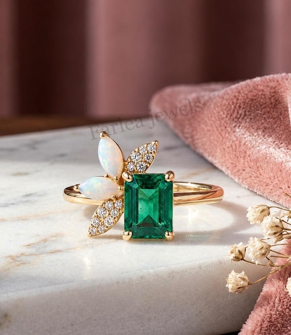 Emerald Cut Green Gemstone Ring, Floral Cluster Opal Marquise Ring, Diamond Band, Vintage 14K Gold Nature Ring, Unique Bridal Jewelry.