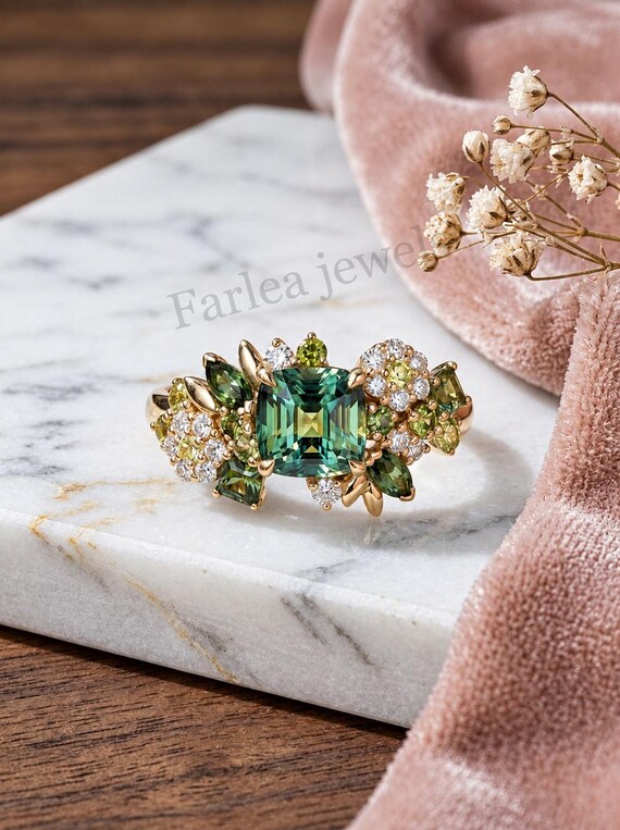 Cushion Cut Green Tourmaline Ring, Floral Cluster Engagement Ring, Nature Inspired Botanical Gold Ring, Branch Leaf Peridot Diamond Ring.