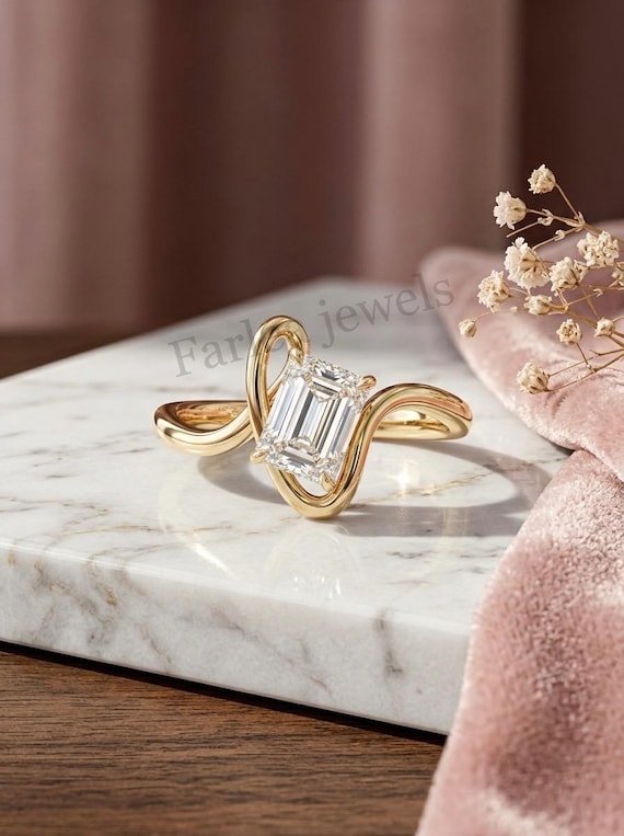 Emerald Cut Moissanite Ring, Twisted Bypass Gold Solitaire Ring, Modern Abstract Swirl Engagement Ring, Unique Promise Ring Gift For Her.