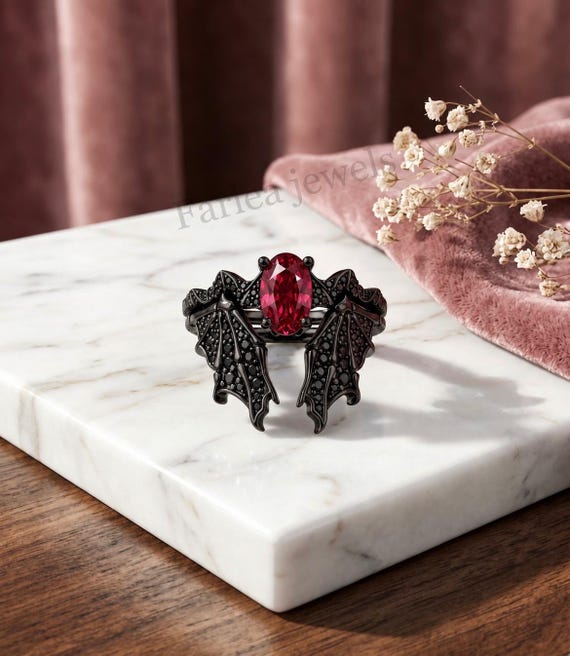 Gothic Bat Ring Set, Black Gold Oval Cut Red Ruby Engagement Ring, Bat Wings Bridal Set, Vampire Wedding Ring, Dark Romance Gothic Jewelry