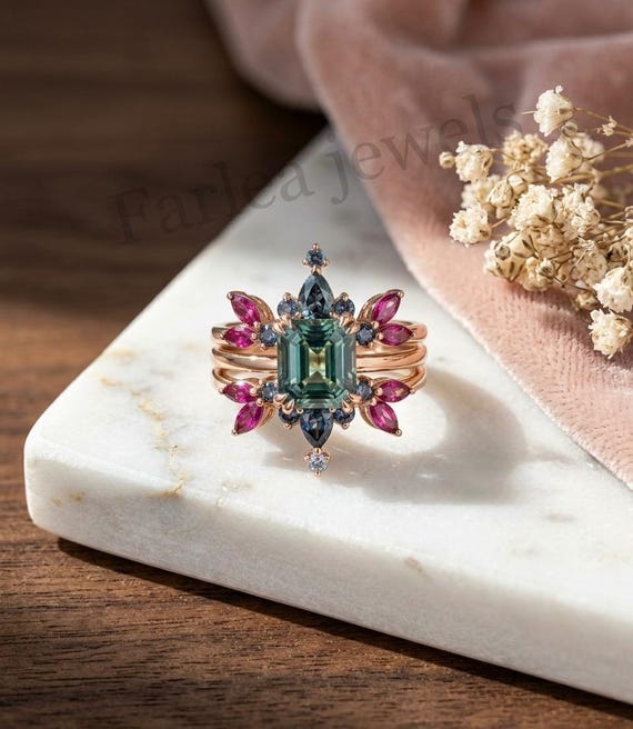 Emerald Cut Teal Sapphire Ring Set, Marquise Ruby Enhancer, Rose Gold Bridal Set