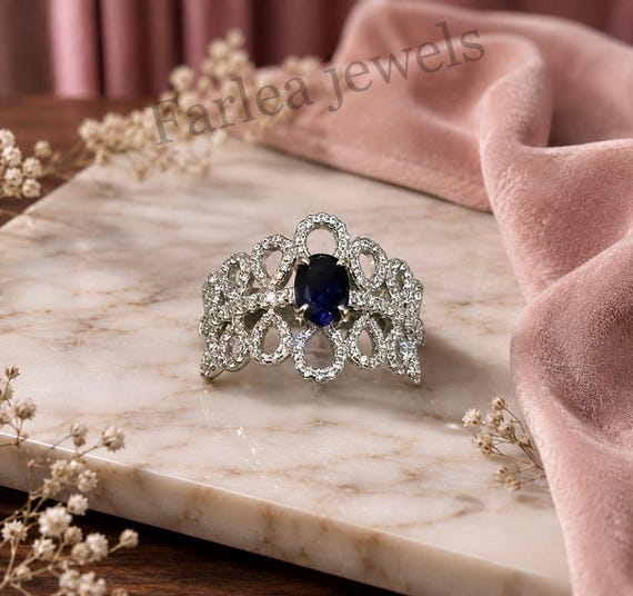 Oval Blue Sapphire Cocktail Ring, Moissanite Pavé, Vintage Floral Design