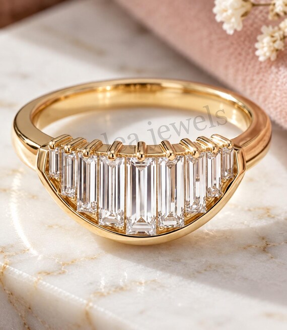 Art Deco Baguette Moissanite Ring, Half-Moon Curved Band, Sterling Silver or Gold