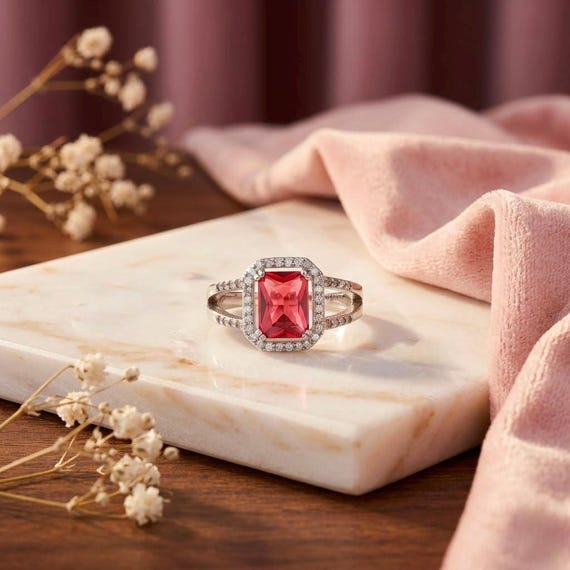 Ruby Halo Ring, 8x10mm Red Gemstone, Sterling Silver, Vintage Inspired Statement Jewelry