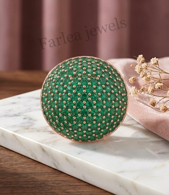 Rose Gold Pave Emerald Dome Ring, Honeycomb Filigree Cocktail Band