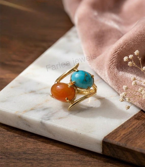 Natural Turquoise & Carnelian Two Stone Ring, Gold Plated Toi et Moi Ring,  Statement Ring, Handmade Adjustable Ring for Women, Gift for Her