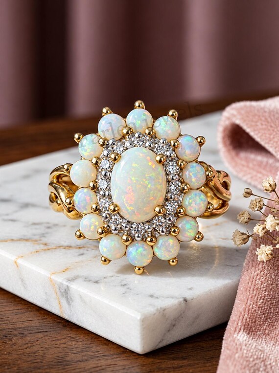 Handmade Halo Opal Ring, Victorian Ethiopian Opal Statement Ring, Filigree Band Opal Jewelry, Anniversary Gift, Unique Engagement Ring.