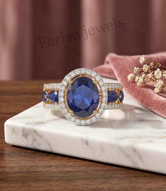 Oval Blue Sapphire Halo Cocktail Ring, Pear Accents, CZ Sparkle (10x8mm)