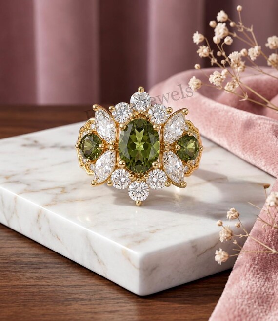 Vintage Peridot Engagement Ring 14K Gold Oval Green Gemstone Cluster Ring Marquise Halo Victorian Ring Antique Art Deco Promise Ring For Her
