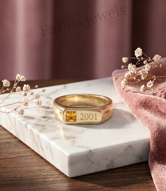 Custom Birth Year Signet Ring, Yellow Citrine Gemstone, Engraved Gold Band