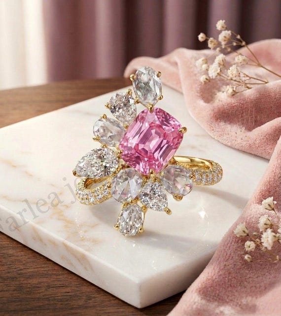 Pink Tourmaline Cushion Cut Ring, Moissanite Floral Statement Jewelry