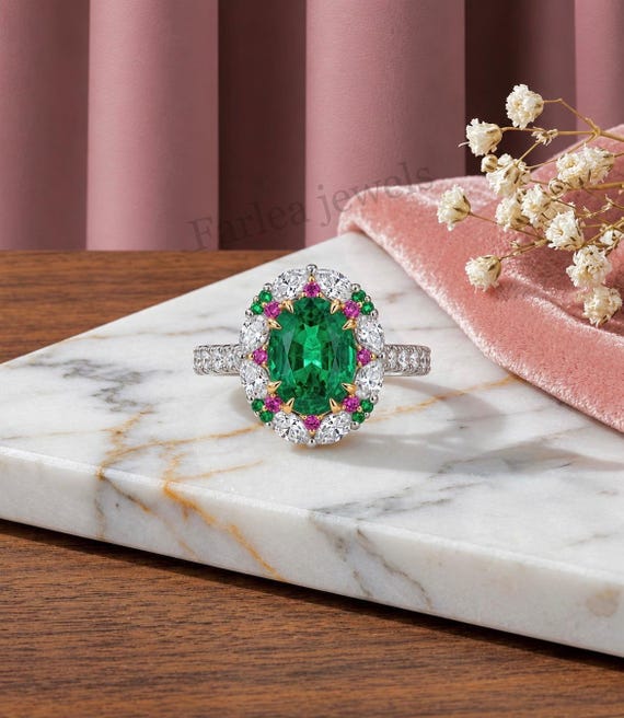 Oval Cut Emerald Engagement Ring, Two Tone Floral Halo Ring, Multi Gemstone Cocktail Ring, Emerald with Ruby And Moissanite Ring.