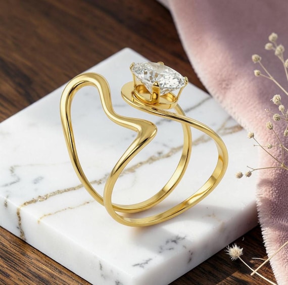 8x6mm Crystal Statement Ring, Gold Tone Open Band, Modern Glamour Jewelry