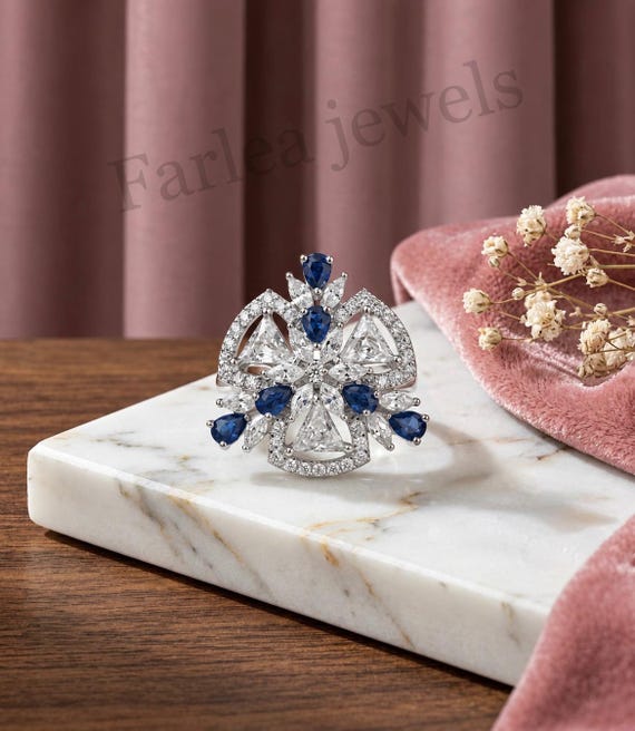 Art Deco Blue Sapphire Diamond Cluster Ring, Trillion Marquise Cocktail Ring, Anniversary Gift