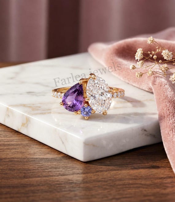 Toi et Moi Cluster Ring, Oval Moissanite Or Pear Cut Amethyst Engagement Ring, Tanzanite Accent Multi Stone Ring, 14K Gold Bridal Ring Gift.