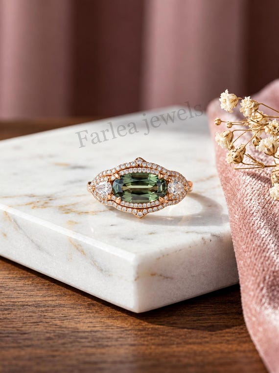 Vintage Green Tourmaline Ring, East West Oval Engagement Ring, Rose Gold Halo Ring, Art Deco Pear Moissanite Promise Ring, Gift for Her.