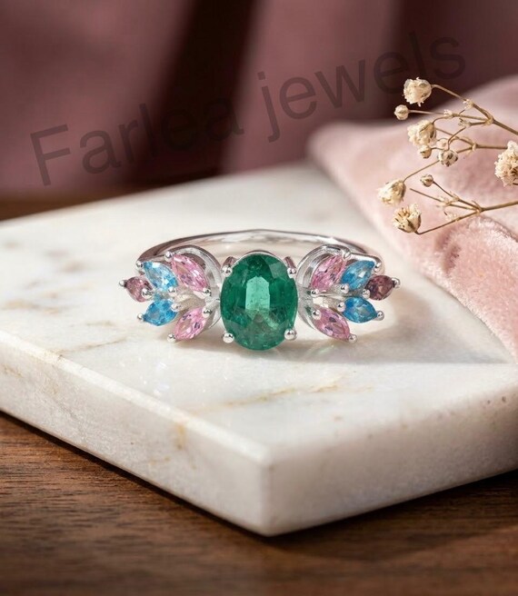 Sterling Silver Oval Emerald Ring, Floral Marquise Gemstone Cluster, Art Deco Engagement Ring