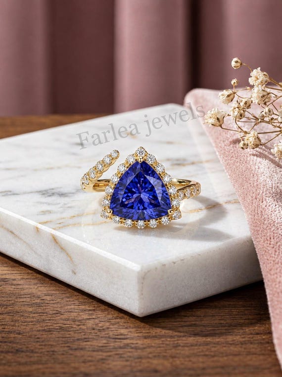 Trillion Cut Blue Tanzanite Engagement Ring, Unique Bypass Halo Ring, 14K Gold Moissanite Statement Ring, Anniversary Gift for Women.
