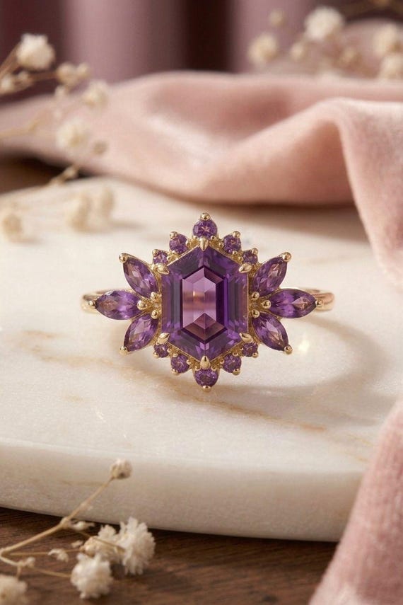 Hexagon Amethyst Halo Ring, Gold Tone Cocktail Jewelry, Floral-Inspired Design