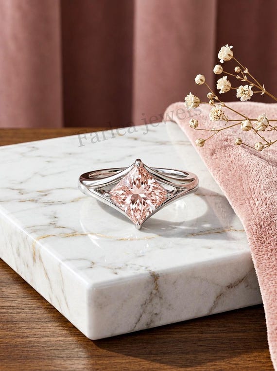 Vintage Peach Morganite Engagement Ring, Princess Cut Solitaire Ring, 925 Sterling Silver Bypass Split Shank Ring, Anniversary Gift for Her.