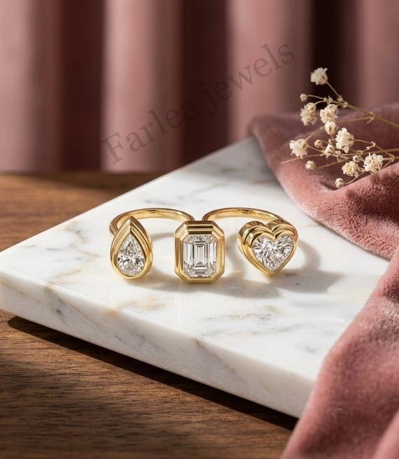 Two-Finger Moissanite Trio Ring, Emerald, Heart, Pear Cut Bezel Statement Jewelry