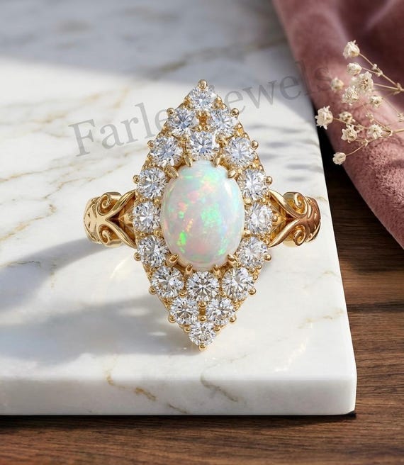 Ethiopian Opal Engagement Ring, Marquise Halo, Victorian Filigree, Sterling Silver (14K Gold Vermeil)