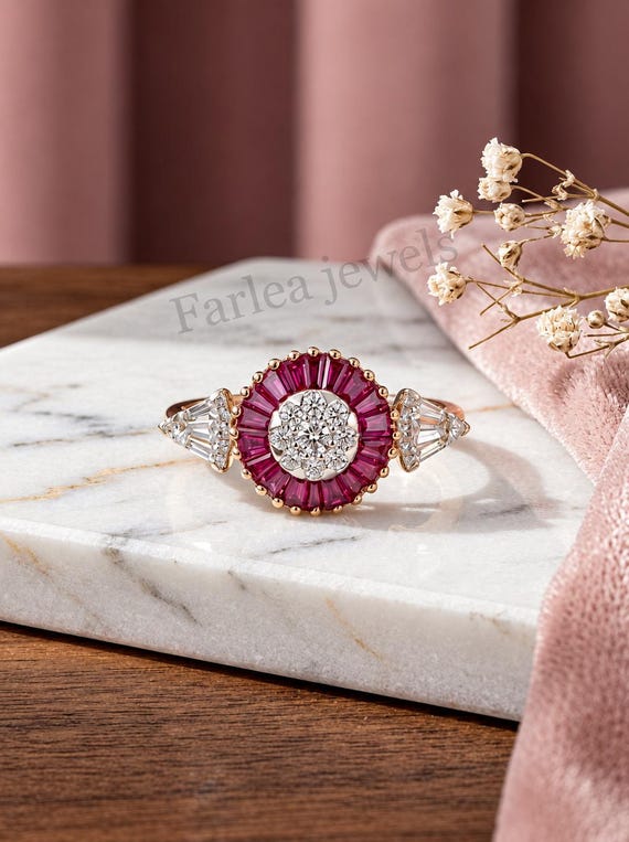 Vintage Art Deco Ruby Target Ring, Tapered Baguette Ruby Halo Engagement Ring, Moissanite Cluster Statement Ring.