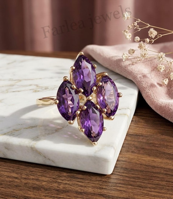 Handcrafted Marquise Amethyst Cluster Ring, Floral Cocktail Jewelry (Sterling Silver)