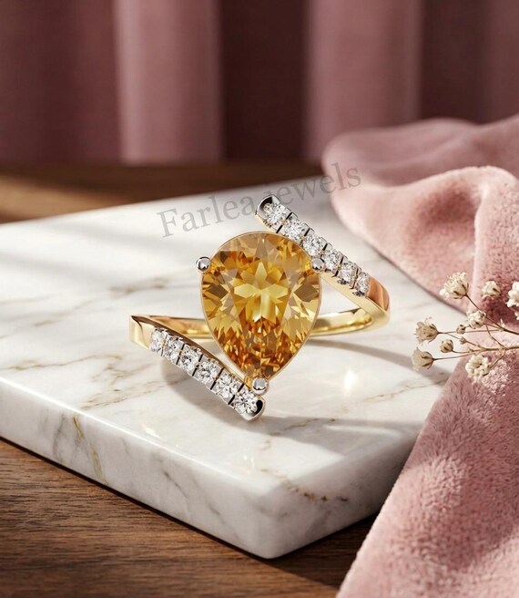Pear Cut Sapphire Bypass Ring, Unique Yellow Gemstone Engagement Ring, Gold Moissanite Diamond Inspired Wrap Ring, Anniversary Gift For Her.