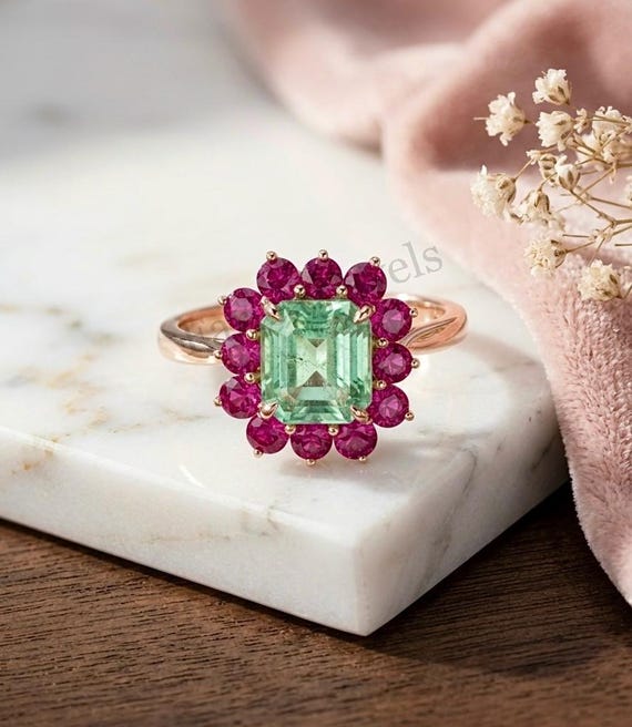 Vintage Russian Emerald  Engagement Ring, Rose Gold Ruby Halo Ring, Art Deco Emerald Ring, Unique Flower Cluster Promise Ring.