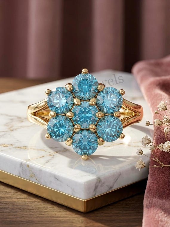 Vintage Blue Aquamarine Flower Ring, 14K Gold Floral Cocktail Ring, March Birthstone And Engagement Ring, Statement Ring For Her.